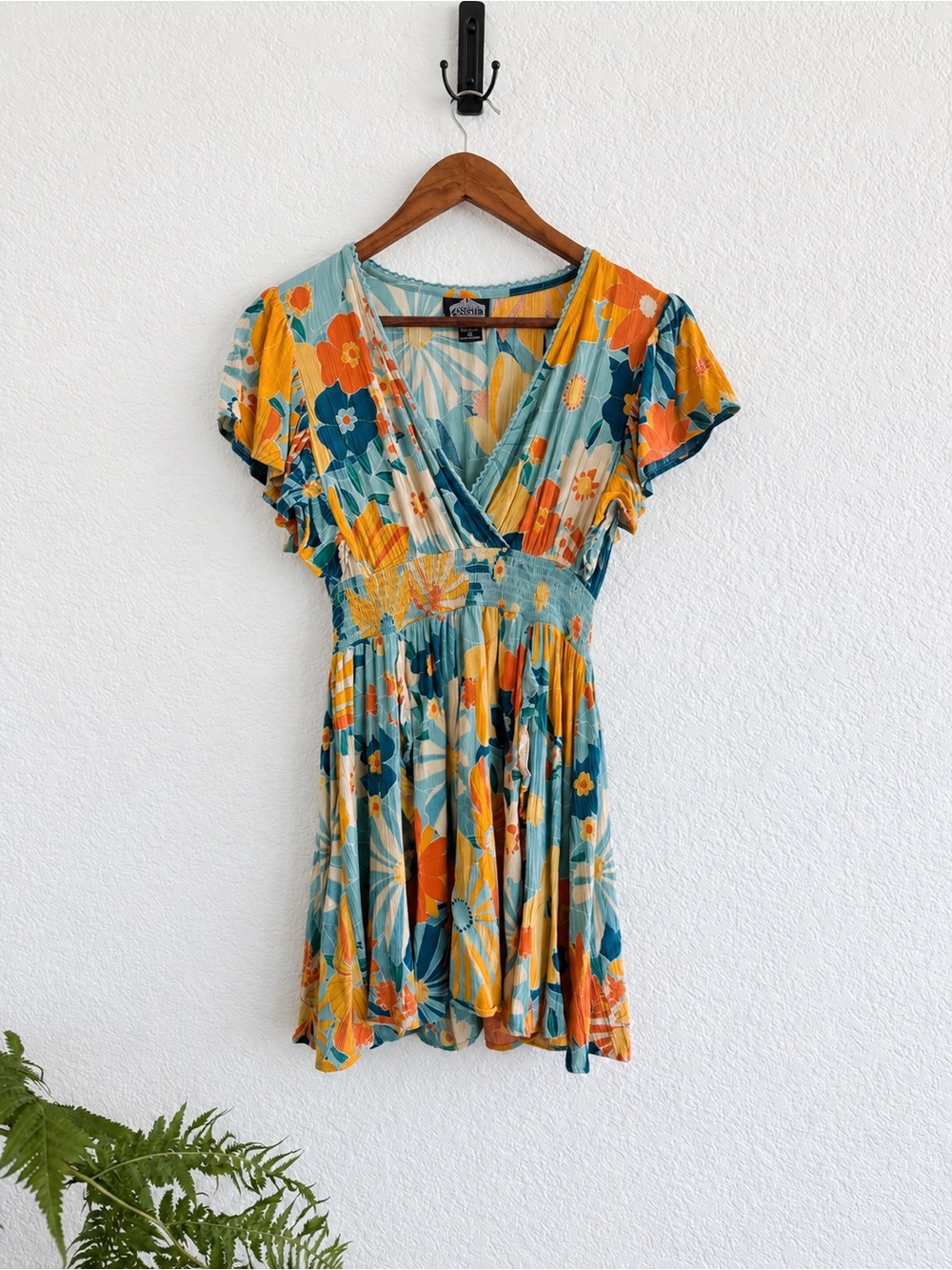 Angie Teal Orange Retro Floral Smocked Mini Dress Size S Flutter Sleeve Boho
